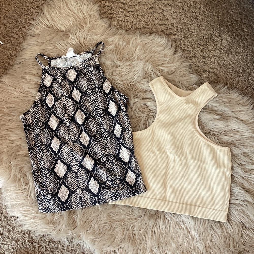 Cream Ribbed Tank & Black-White Snake Print Cami Set